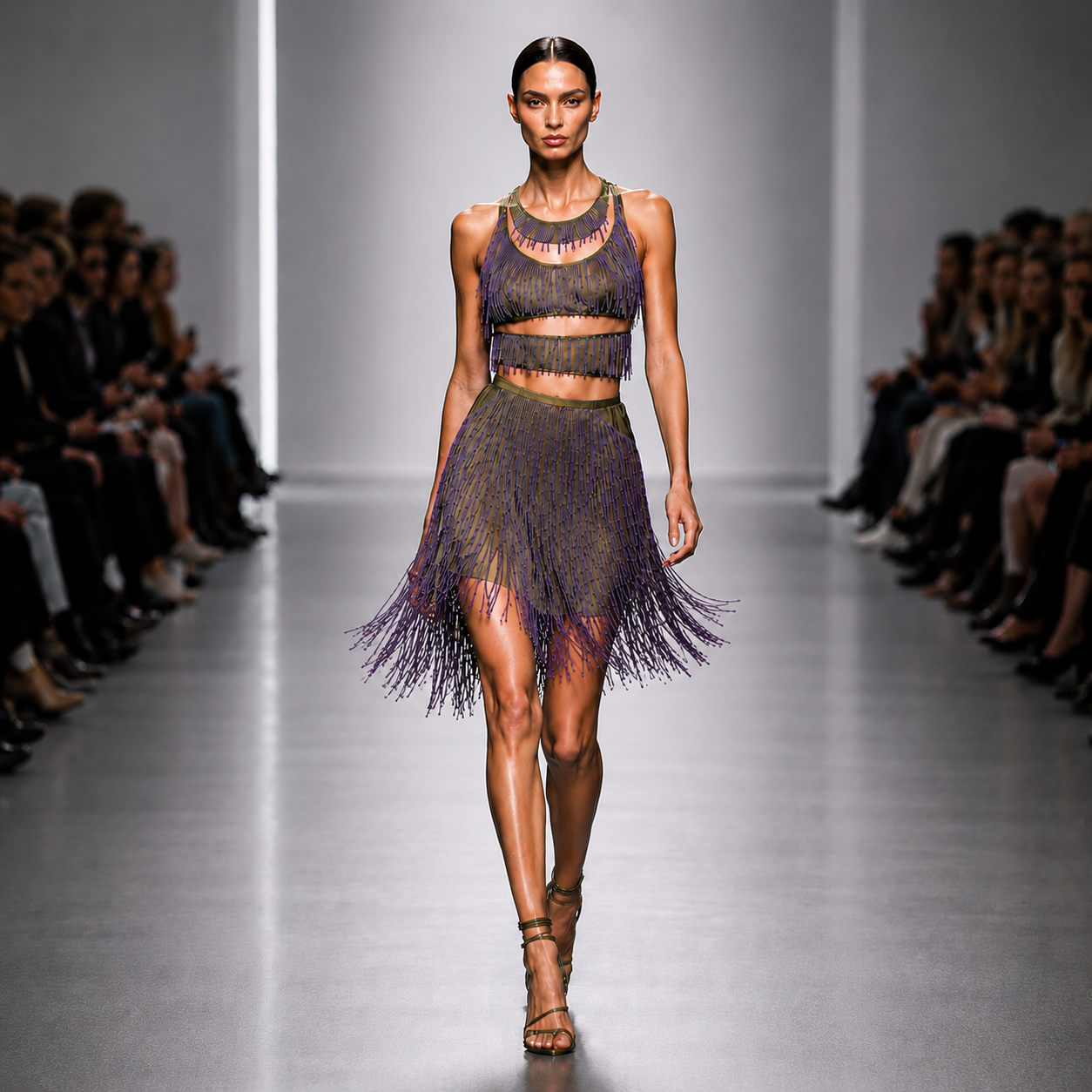 A model wearing an orchid fringe two-piece dress on a runway.