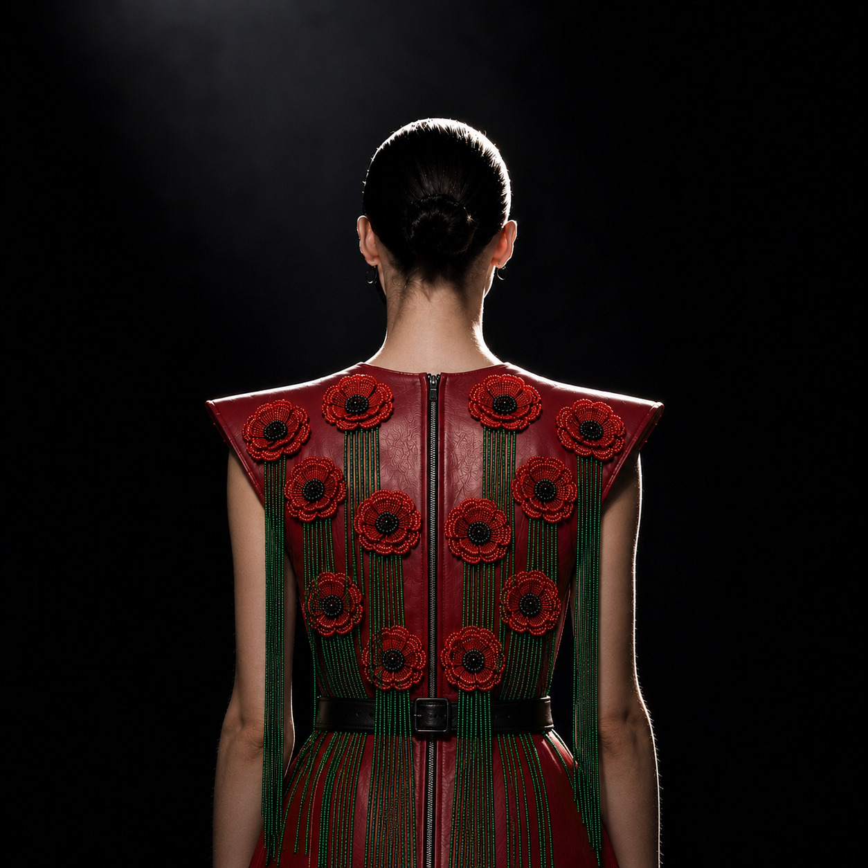 A model seen from behind wearing a red leather dress with red poppy embellishments and green fringe.