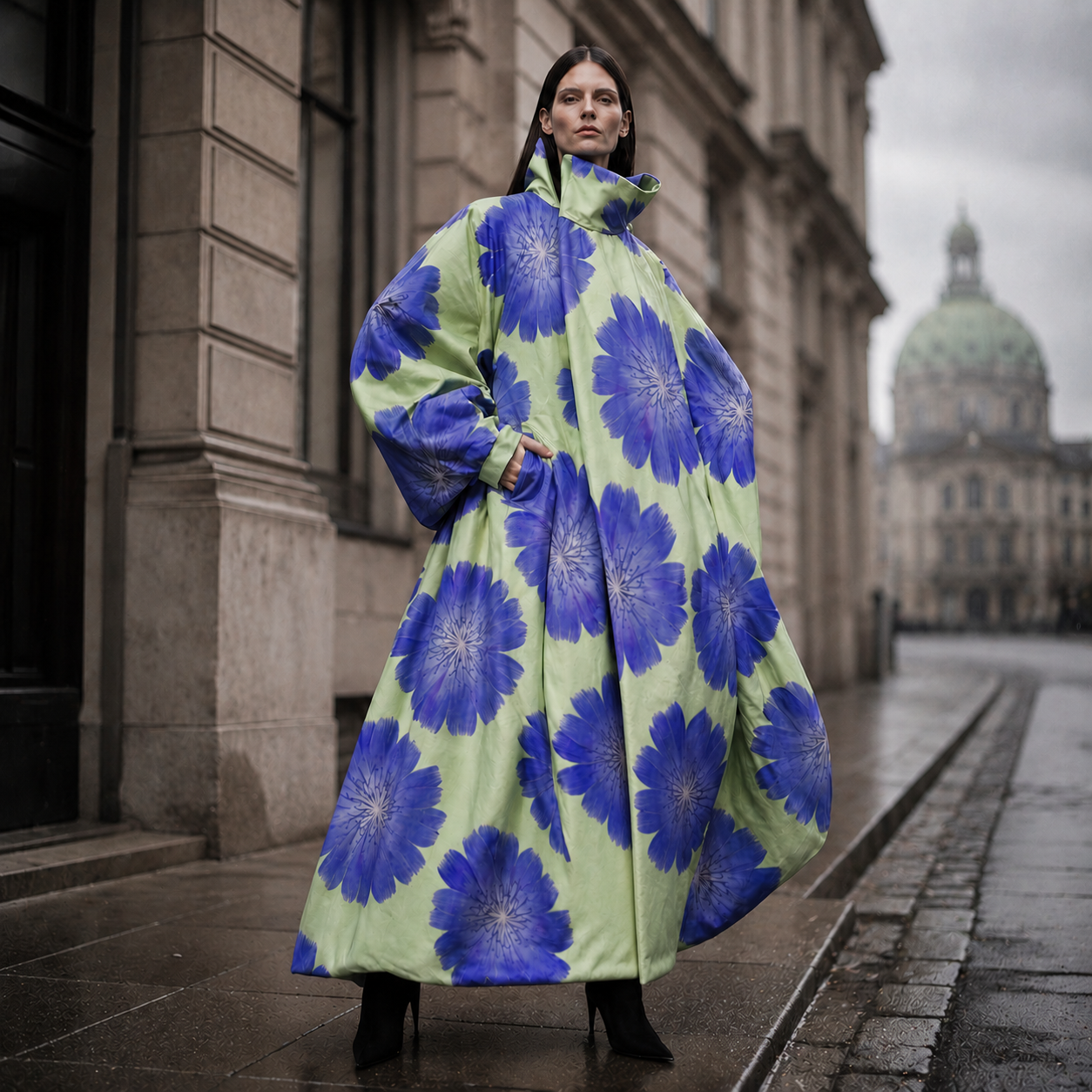A model wearing an oversized floral coat on a city street.